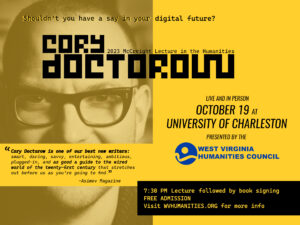 Image of Cory Doctorow and information about the McCreight Lecture in the Humanities, October 19, 7:30 p.m.