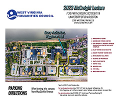 Aerial map showing the University of Charleston campus, highlighting Geary Auditorium, site of the McCreight Lecture in the Humanities, and parking areas