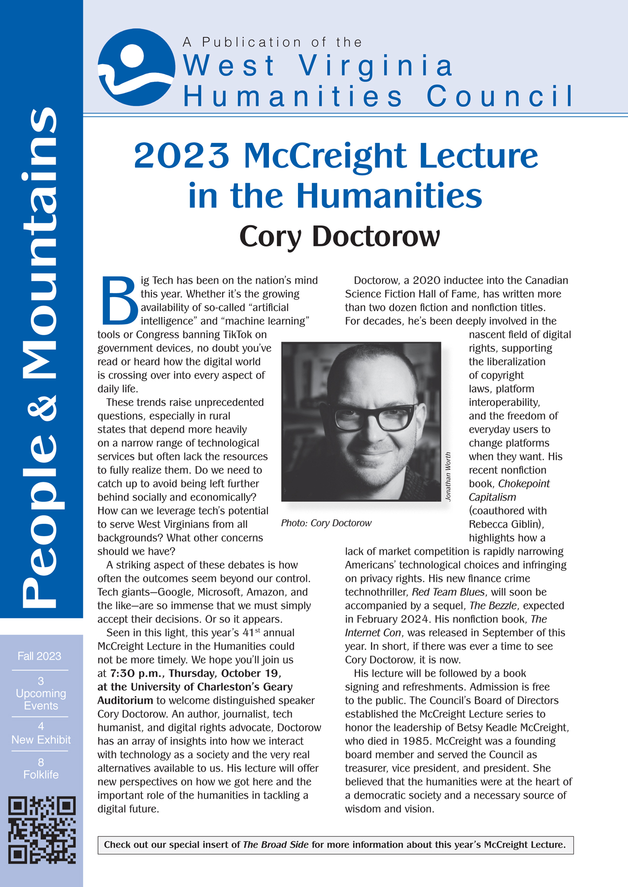 Cover of Fall 2023 People & Mountains, with photo of Cory Doctorow, titled 2023 McCreight Lecture in the Humanities